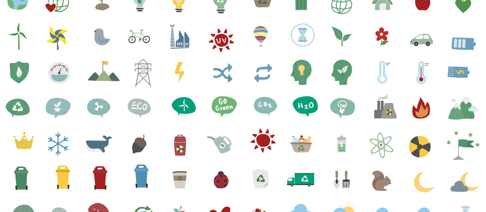 A number of various different icons, symbolising topics related to the environment and sustainability.