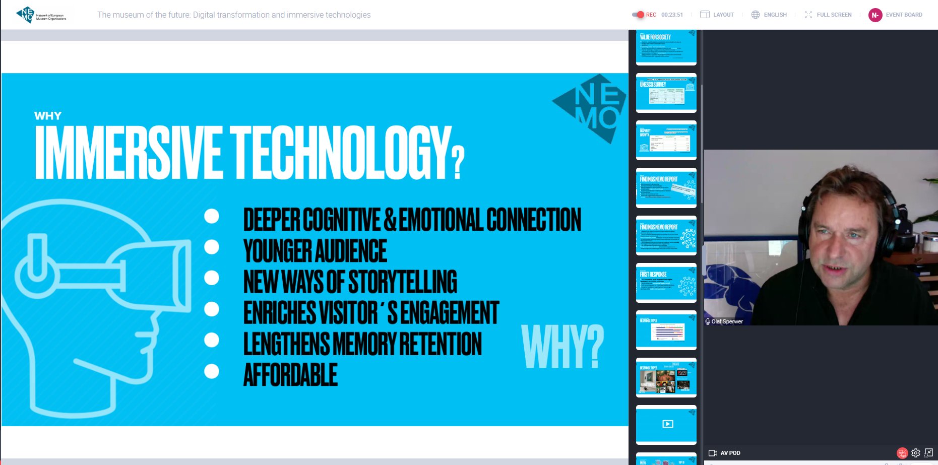  Screenshot of an online presentation. On the left side are the presentation slides on immersive technology. On the right side is a video of the speaker.