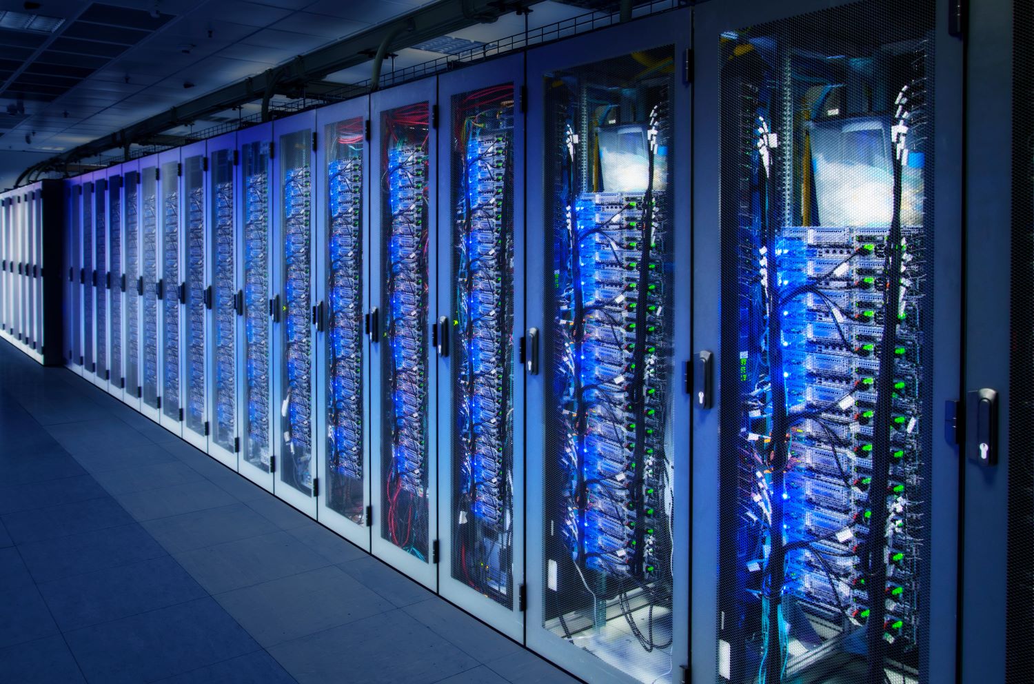 A row of cabinets is filled with server racks in a data center.