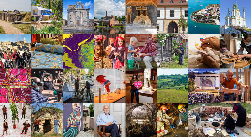 © Europa Nostra Collage consisting of various pictures of cultural heritage sites and cultural objects. Some of them include people.
