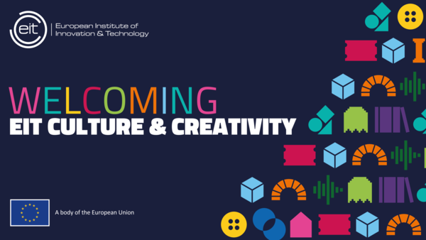 This image announces the EIT Culture and Creativity. The right side of the graphic consists of colourfil icons of various shapes.