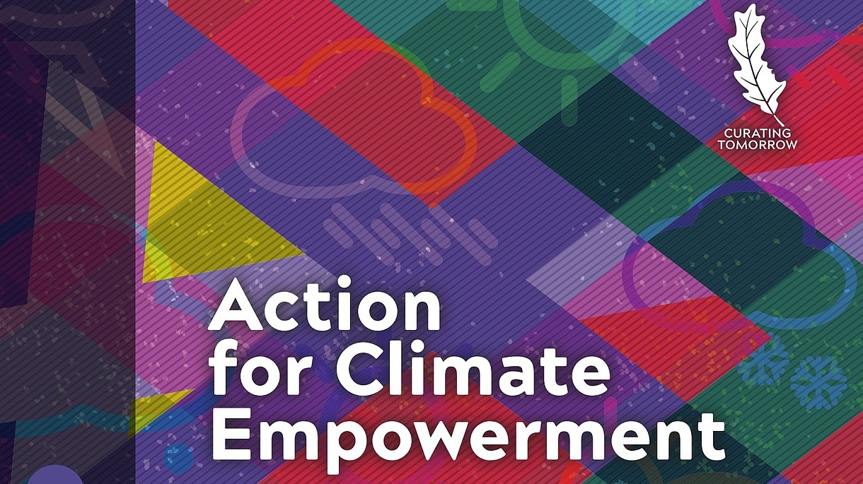  This image is the front page of the Action for Climate Empowerment Guide. The white lettering is set against a mainly purple, green and red, checked background. 