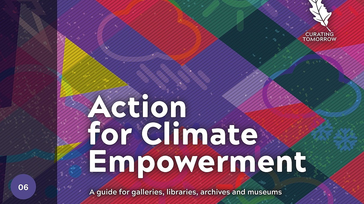  This image is the front page of the Action for Climate Empowerment Guide. The white lettering is set against a mainly purple, green and red, checked background. 