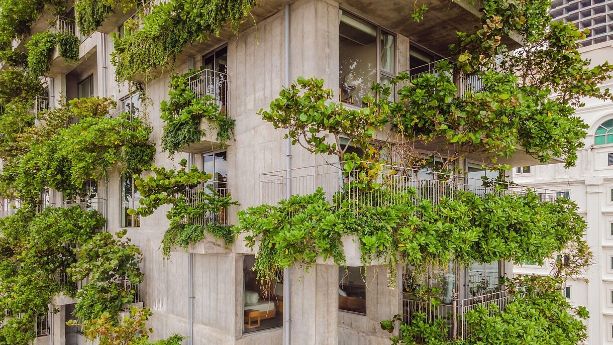© Elizaveta Galitckaia / Alamy Stock Foto A modern concrete building is covered by a vertical garden.