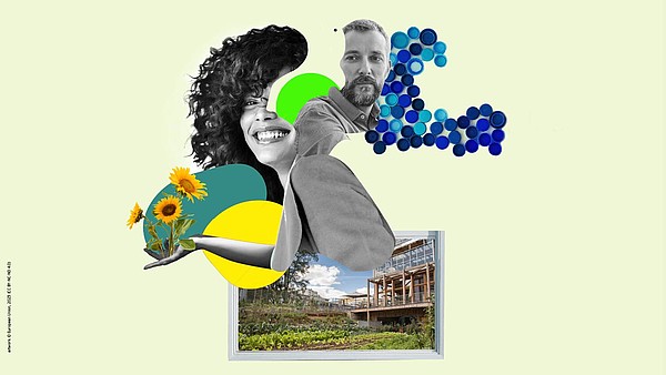 Collage illustration on a light-yellow background. Collage pictures centred to the middle include pictures of two human faces, a hand holding flowers, blue shapes and a picture of a nature landscape with a wooden house.