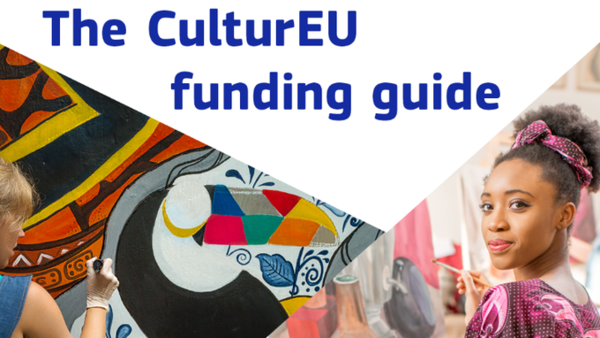 The image is organised in 4 triangles. On the left is an image of a child with their back to the camera, painting on a wall. On the right is an image of a person painting on a canvas and looking towards the camera. The triangle on the top reads "The CulturEU funding guide" while the one on the bottom is purple and includes the logo of the European Commission.