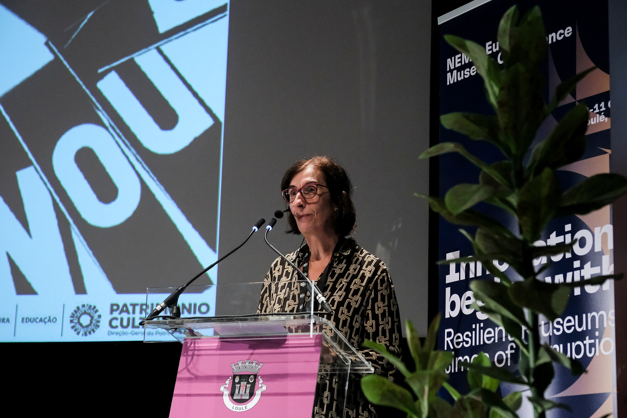 A person stands behind a lectern. Projected presentation slides are partly visible on the left and a stand up display is set up on the right.  © Image: Jorge Gomes