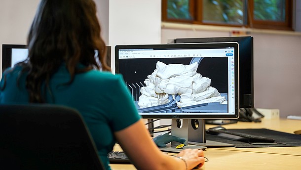  A person is shown from behind working on a computer.