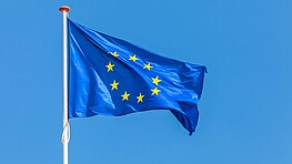 The European flag waving in front of a clear blue sky.
